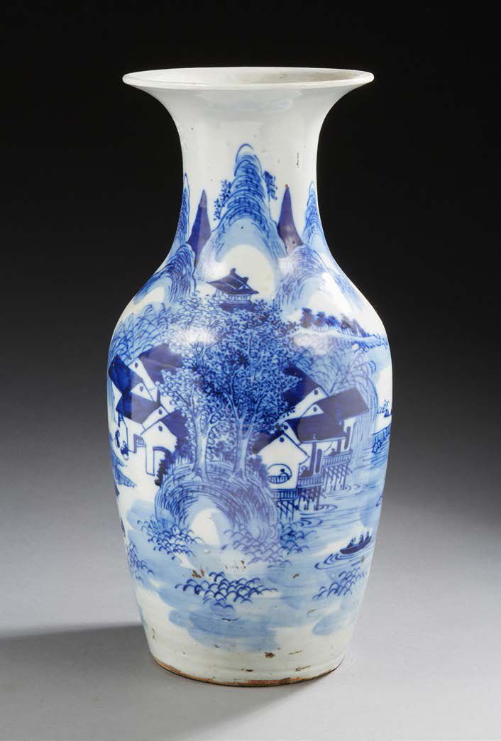 CHINE Porcelain vase of baluster form decorated with underglaze of a lake villag&hellip;
