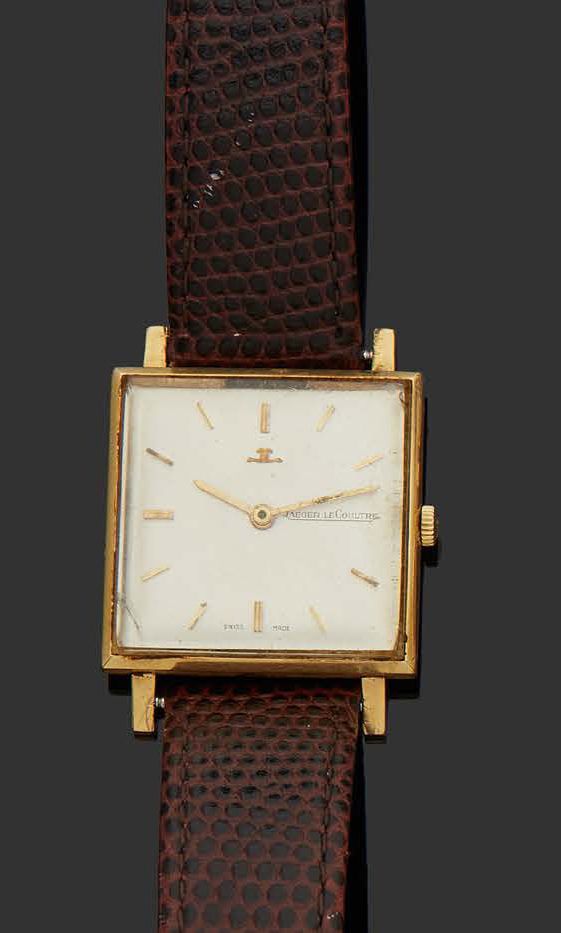 JAEGER-LECOULTRE 18K(750)黄金男士腕表，方形表盘，指针式刻度。
手动上链机芯。
盒子。
 （有机玻璃损坏）。