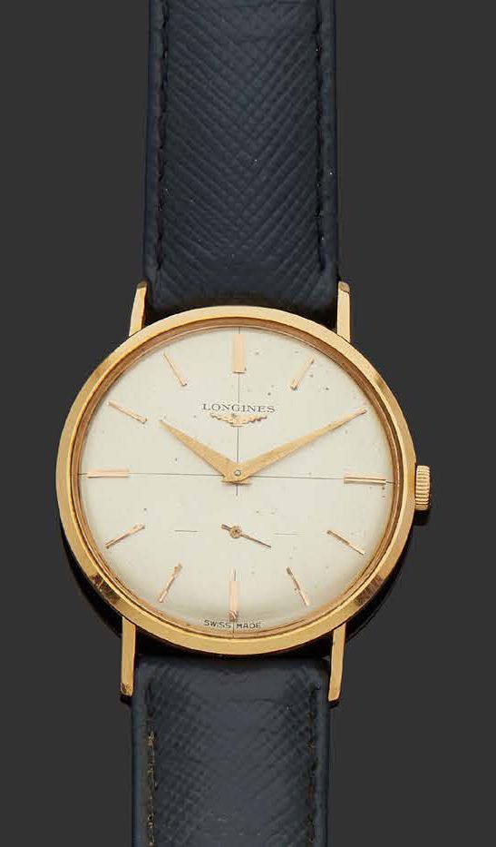 LONGINES Men's wristwatch in 18K (750) yellow gold, round case, champagne dial w&hellip;