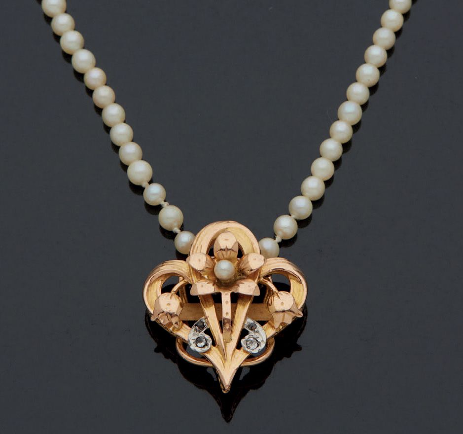Null 
毛重：9.4克，由小型淡水养殖珍珠组成的项链，上面有一个750毫米的黄金图案，由围巾扣、玫瑰金棘轮扣和安全链组成。