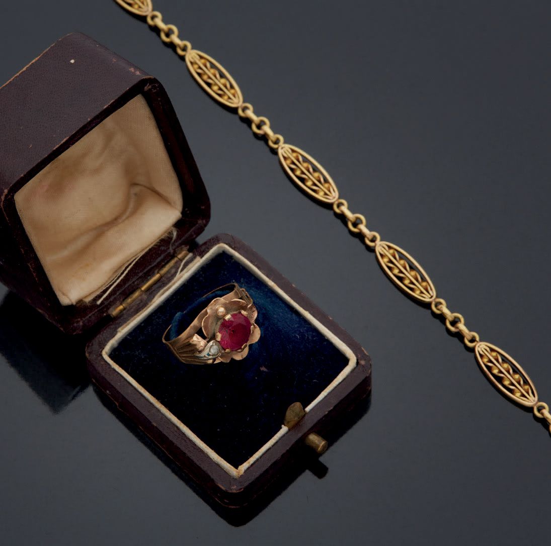 Null 金合金套装375毫米，包括一枚镶嵌红色合成宝石的戒指和一条带有镂空和丝状椭圆形链节的表链。
套装毛重：12.34克（丢失）。