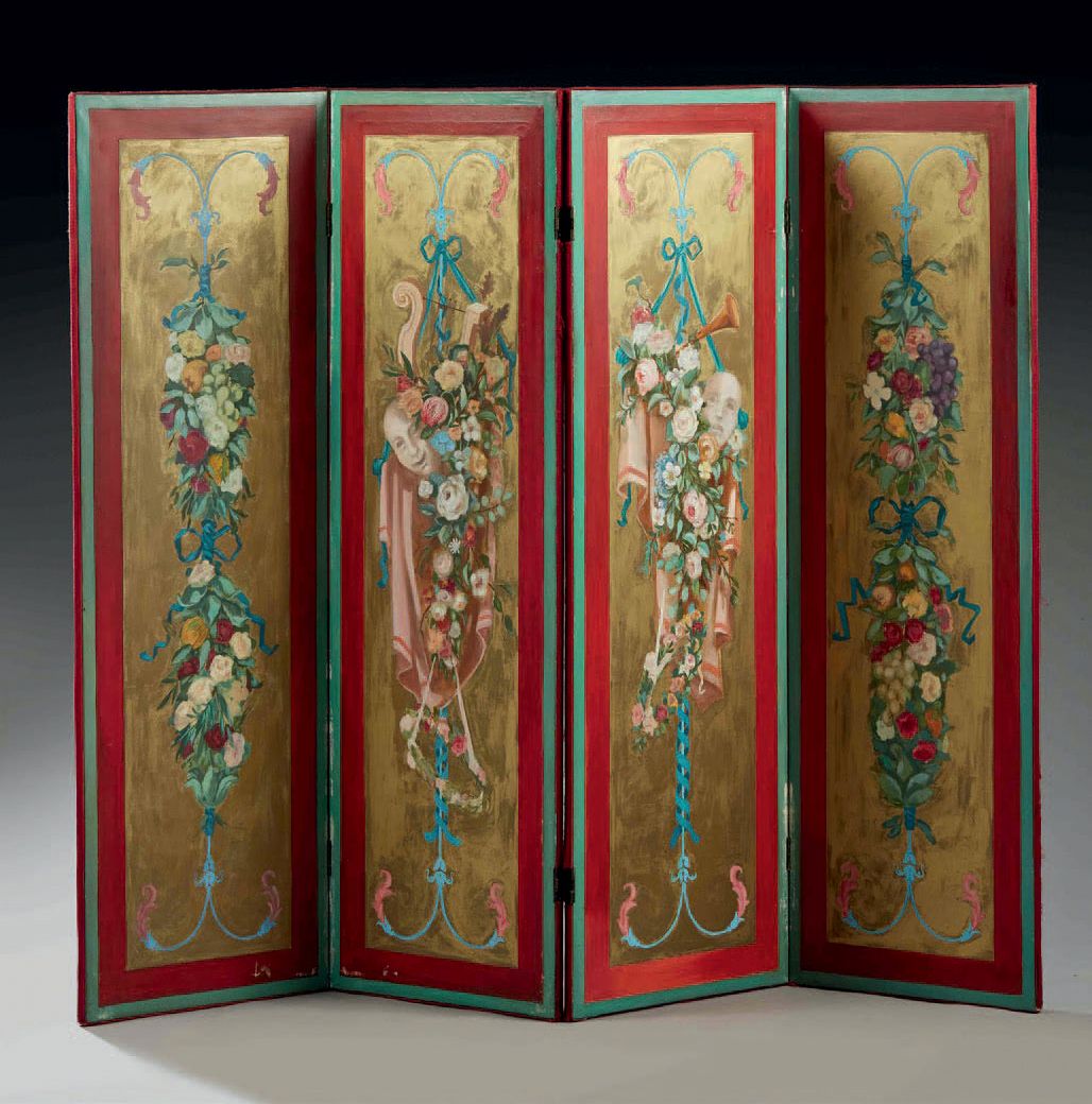 MAISON OPÉRA PARIS Four-leaf folding screen with a polychromatic floral painted &hellip;