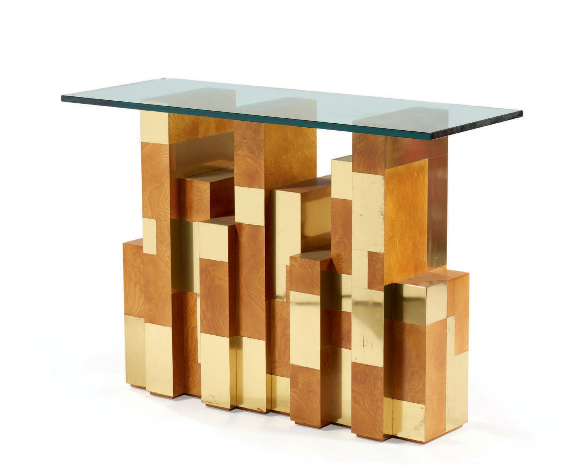 PAUL EVANS (1931-1987) 
Burr and brass veneer console with rectangular glass top&hellip;