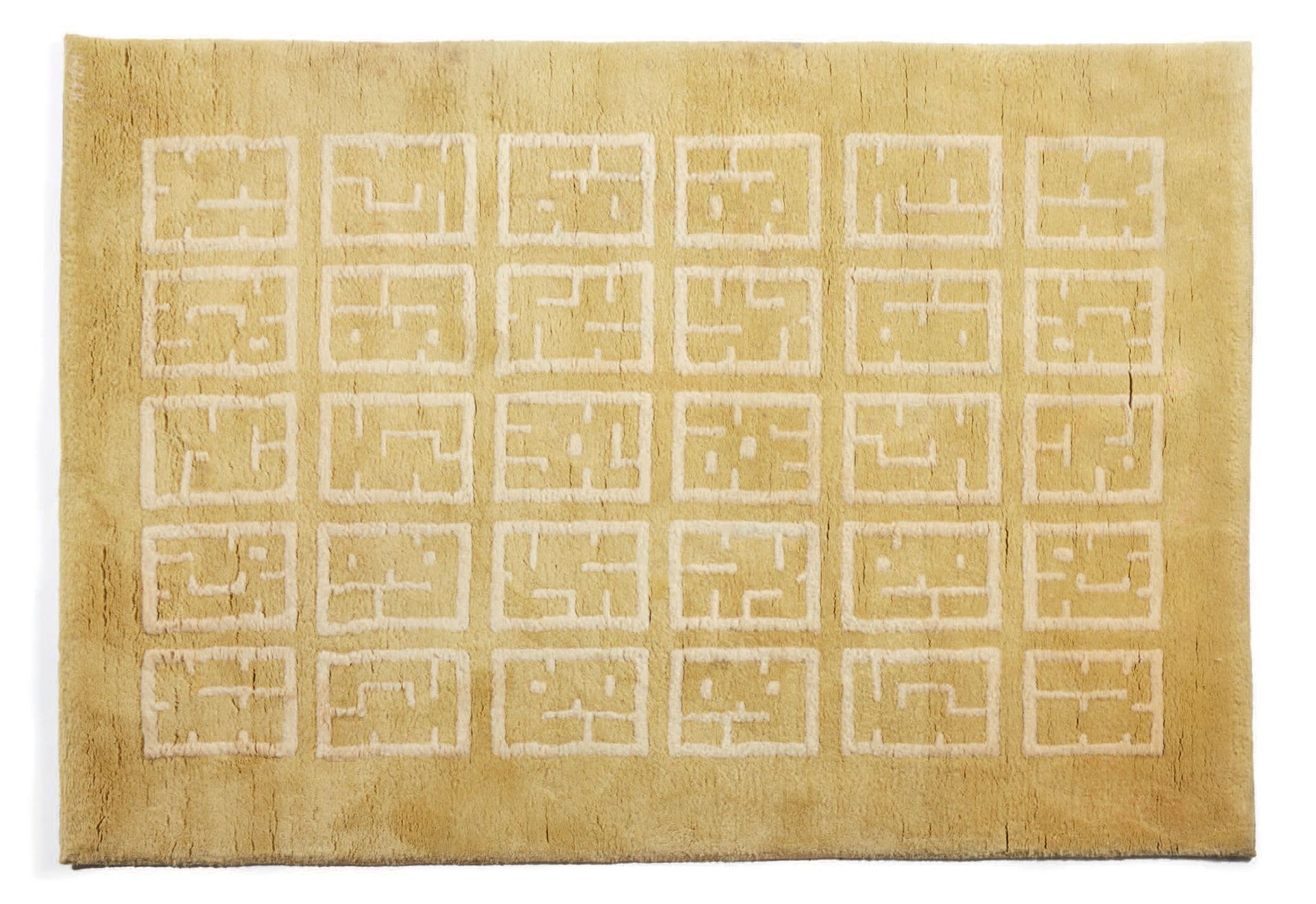 Jules LELEU (1883-1961) 
Wool carpet with beige geometric decoration on a yellow&hellip;