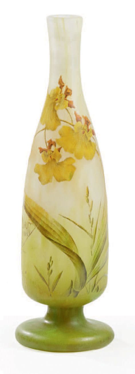 DAUM Nancy 有衬里的玻璃基座花瓶，上面有酸蚀花的装饰
签名为 "Daum Nancy"
高：25厘米