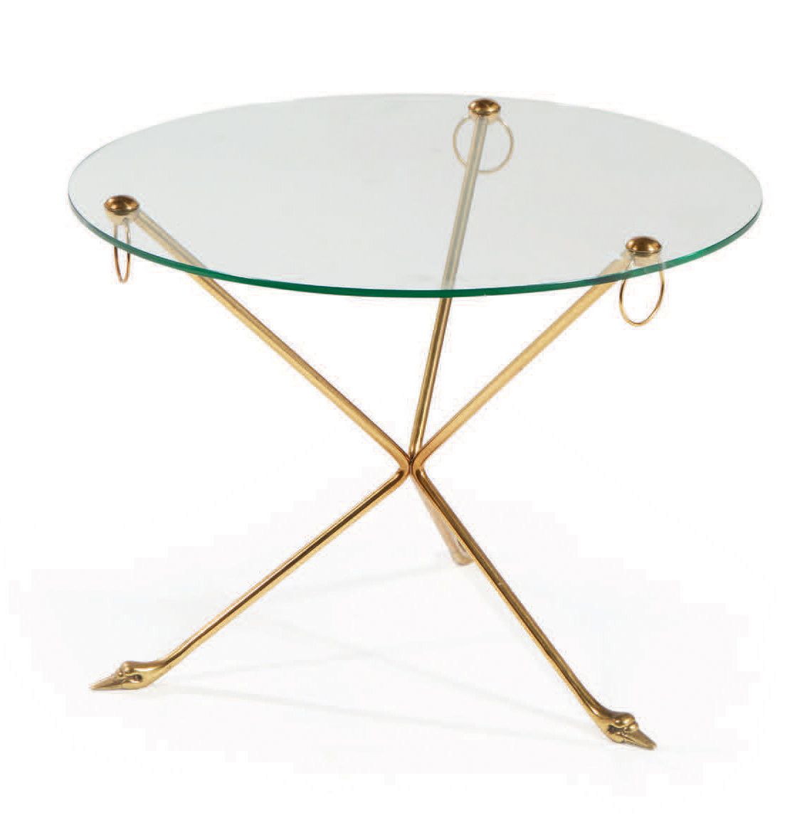 TRAVAIL FRANÇAIS 茶几，圆形玻璃桌面，放在一个弯曲的天鹅头三脚架底座上
高：44 直径：60厘米