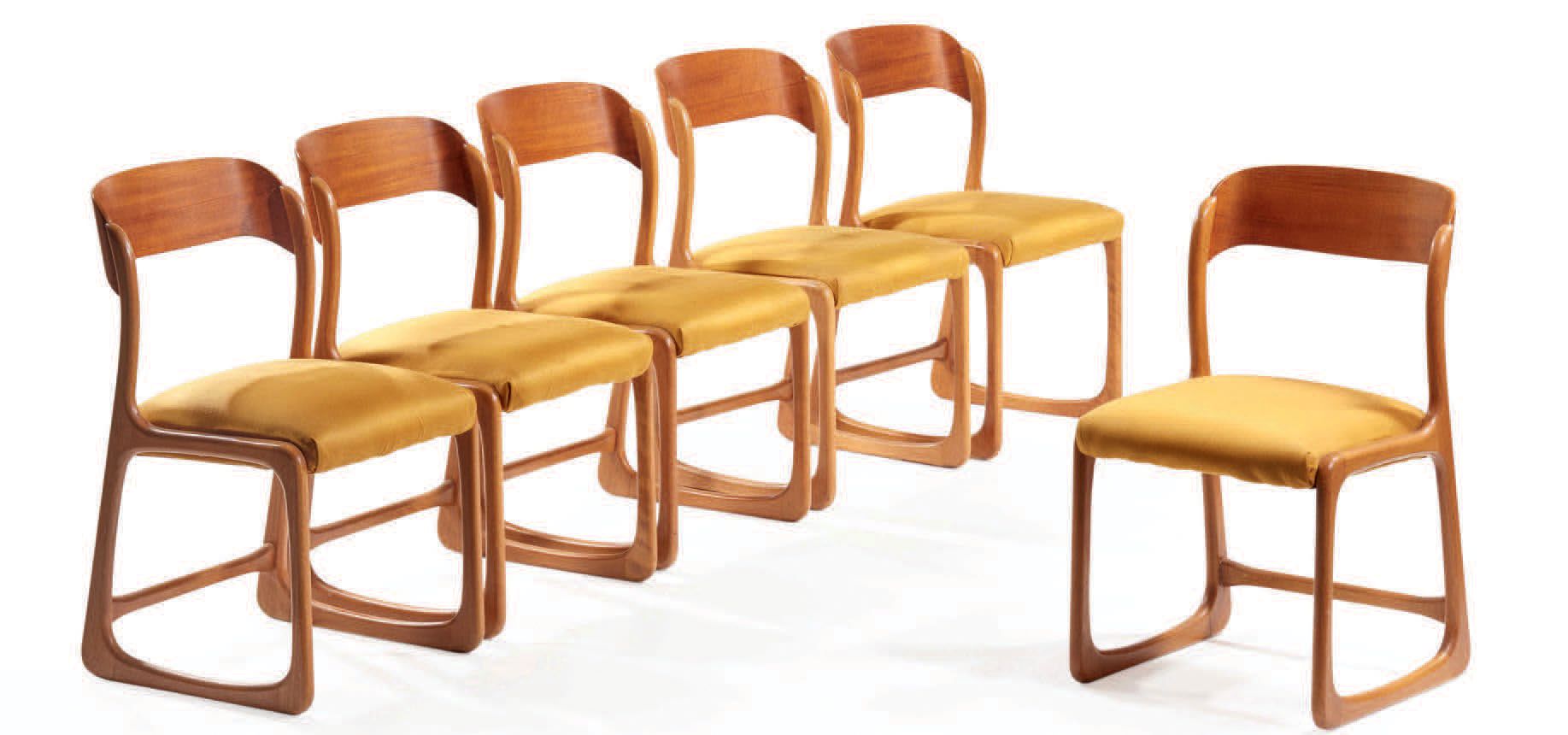Manufacture BAUMANN Suite of six chairs "traîneau" model, teak structure, yellow&hellip;