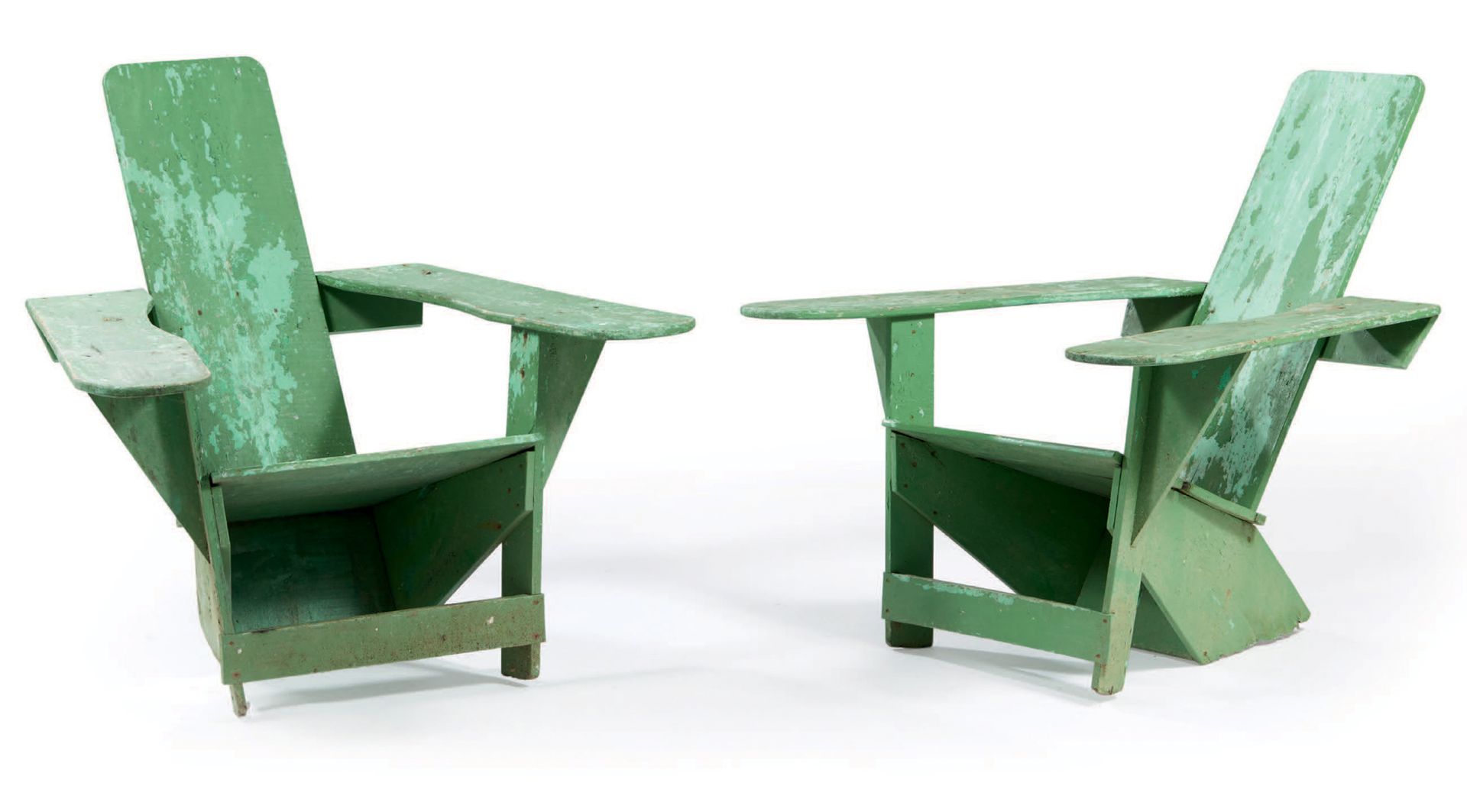 Pierre DARIEL (1889-1953) 
PAIR OF GARDEN ARMCHAIRS MODEL "BIARRITZ" IN GREEN LA&hellip;