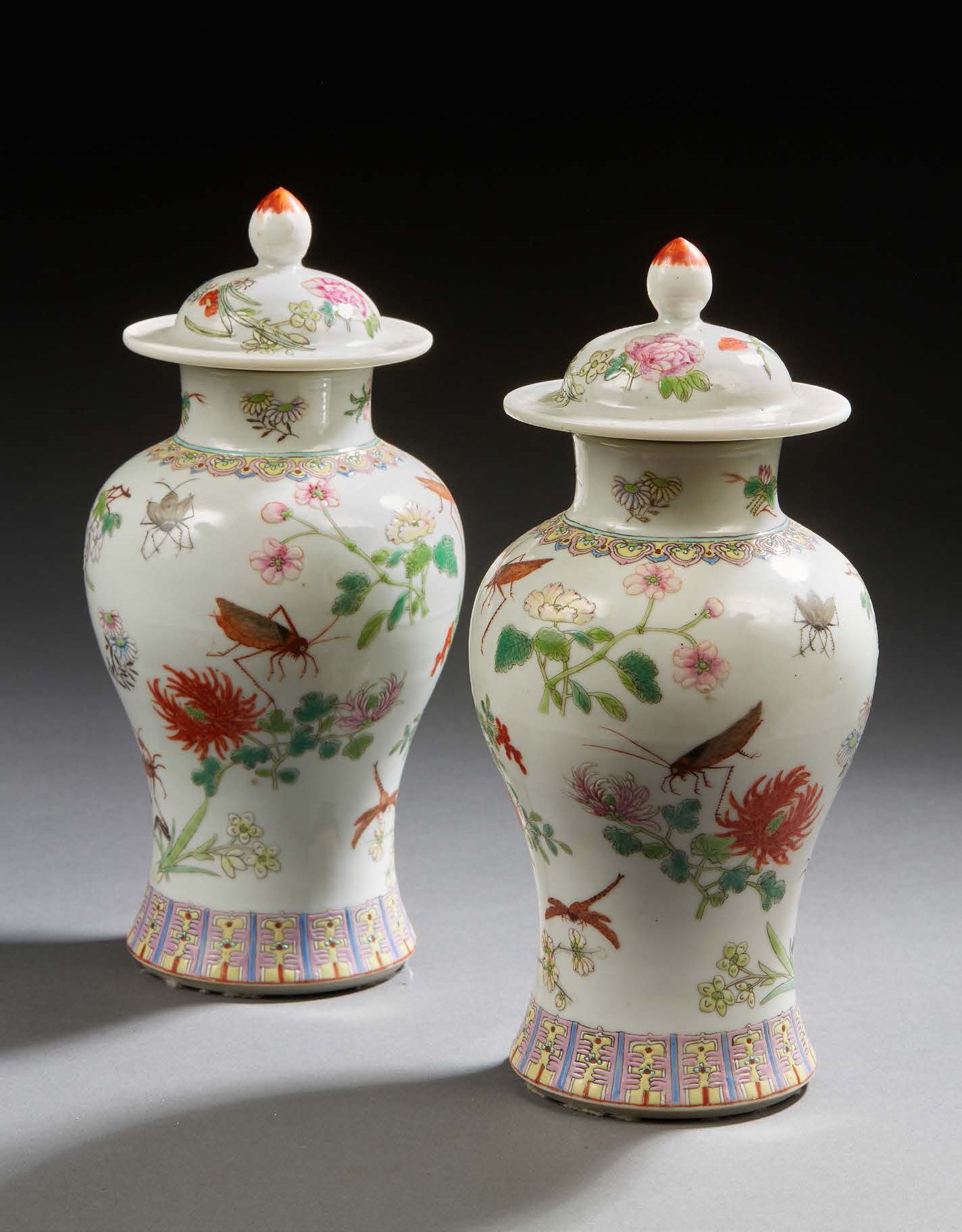 CHINE 一对有盖的小瓷瓶，呈柱状，用Famille Rose珐琅彩装饰昆虫和花枝
光绪年间，1875-1908
高: 24.5厘米