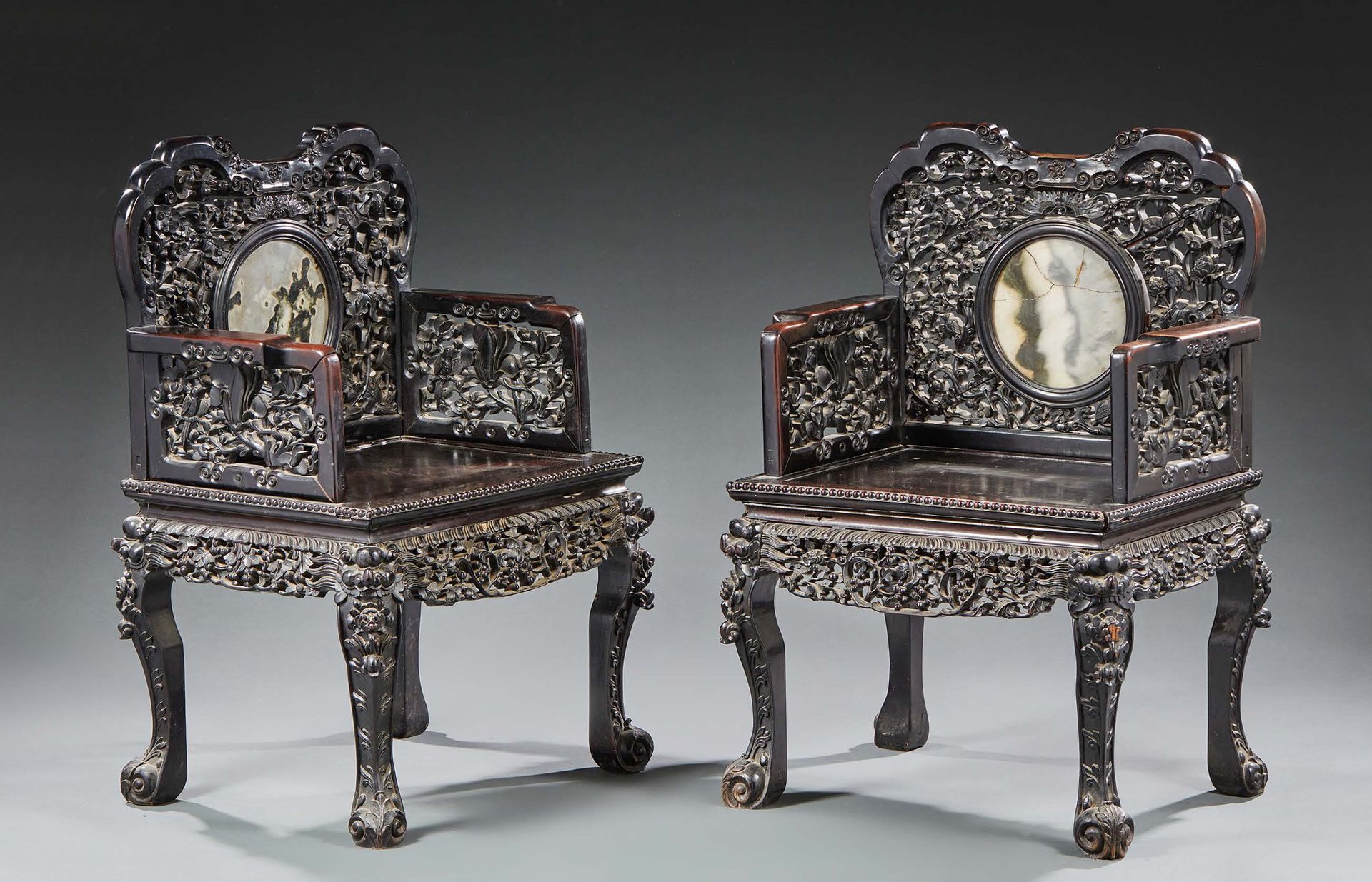 CHINE Pair of armchairs in fruitwood, carved and openwork. The backs decorated w&hellip;