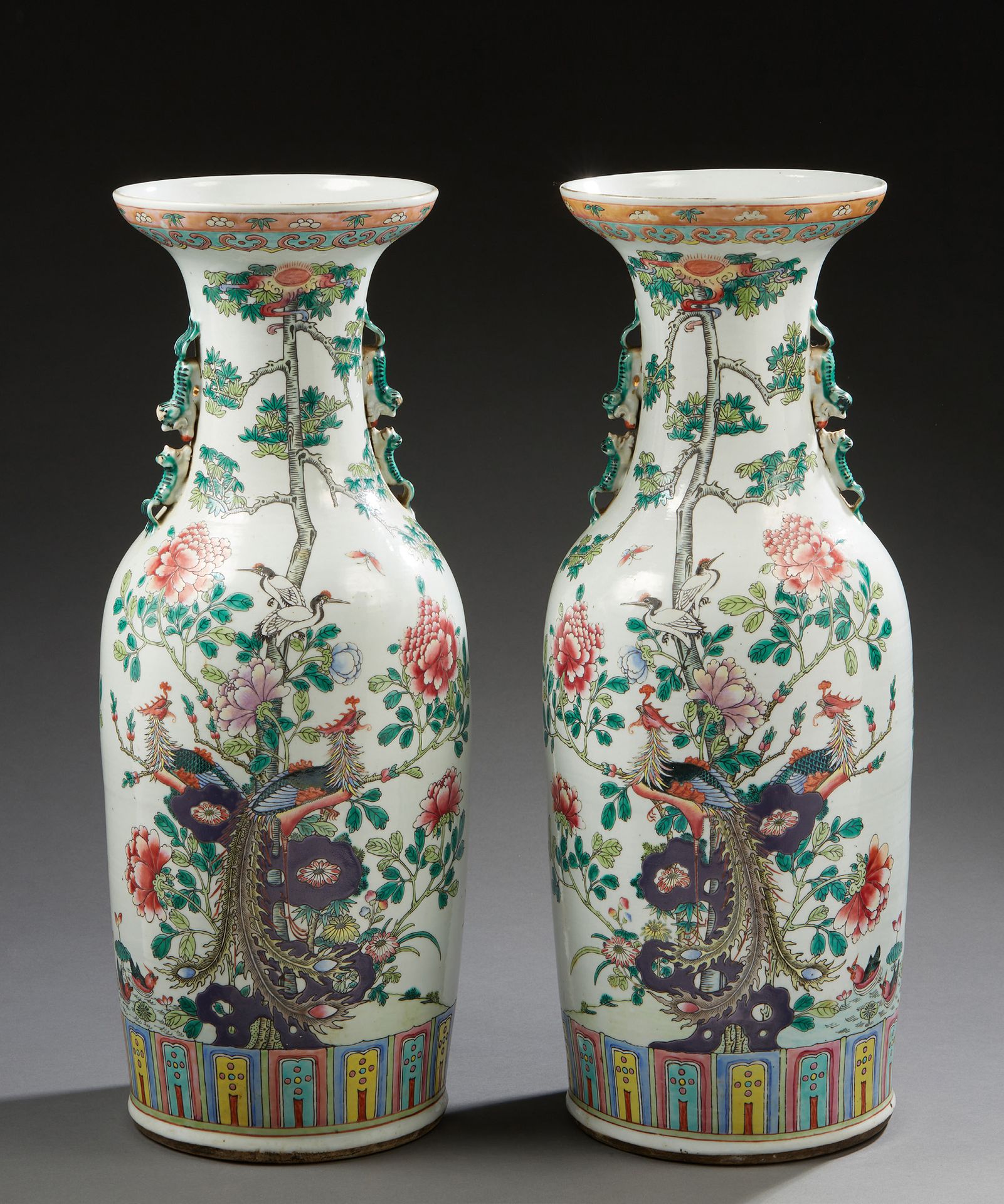 CHINE Pair of large baluster vases decorated in polychrome with phoenixes on roc&hellip;