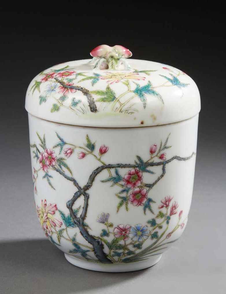 CHINE 一个圆柱形的瓷盖壶，用Famille Rose珐琅彩装饰着花枝。盖子上有两个长寿桃的装饰。背面有铁红的洪宪六字款
高：15厘米