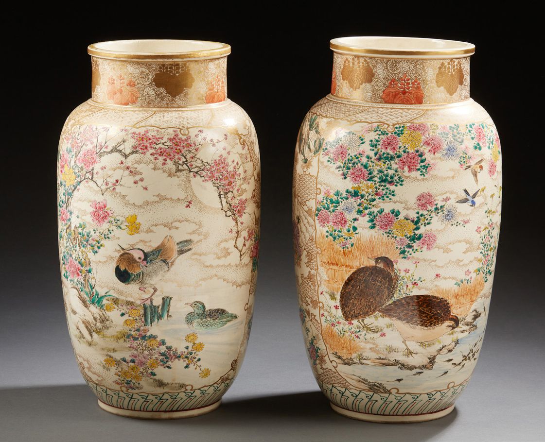 JAPON A pair of Satsuma earthenware vases decorated in polychrome and gold on on&hellip;