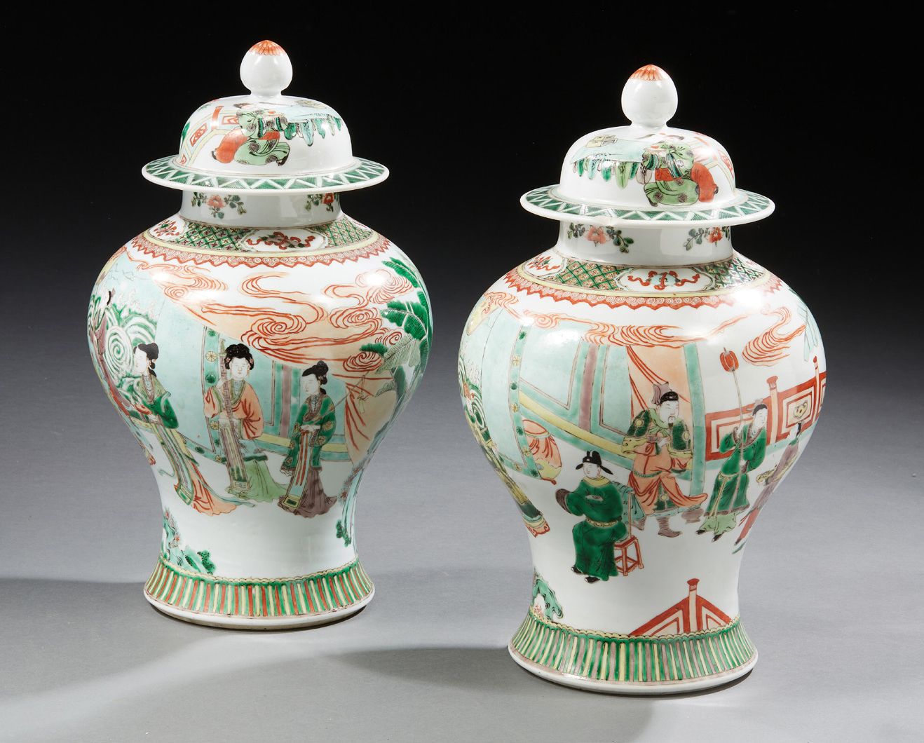 CHINE Pair of covered porcelain pots decorated with characters in green family e&hellip;
