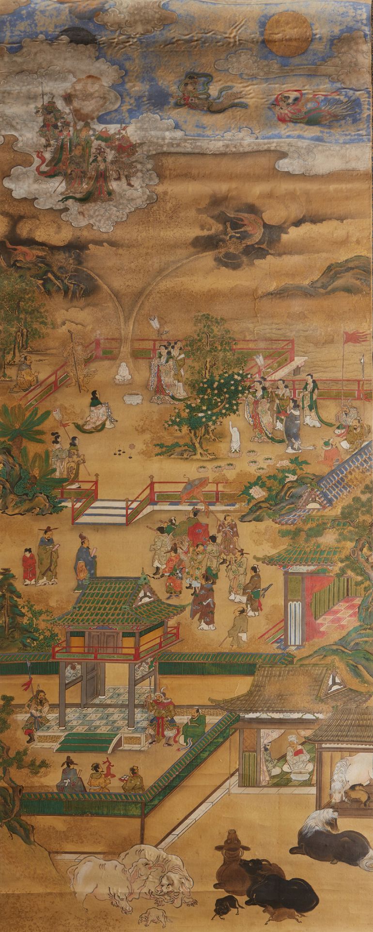JAPON 有趣的绢本水墨画，表现了一个宫殿花园里的几次接待活动。前排是大象、水牛和马匹，靠近由武装人员看守的城墙。天空中的佛教万神殿人物队伍，云中有龙，丝绸框&hellip;