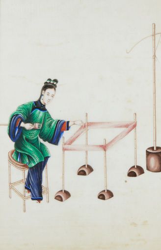 CHINE 一组12幅宣纸水粉画，描绘了贸易场景。
广东作品，19世纪