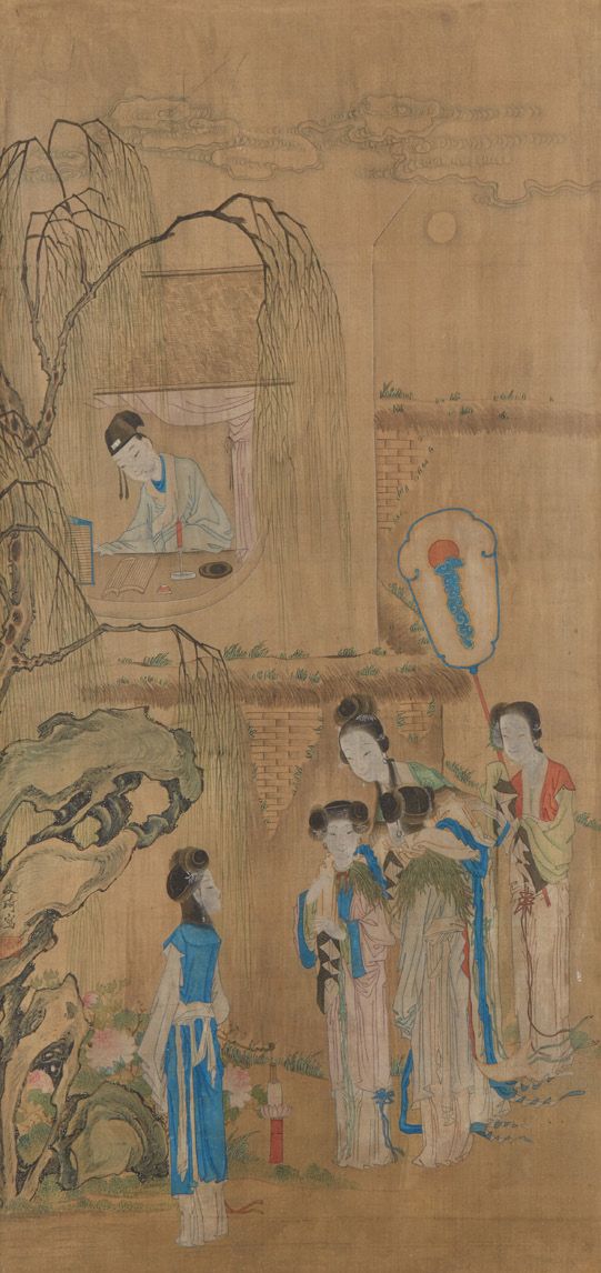 CHINE 两幅画--纸上水墨和色彩，一幅描绘的是一个要塞附近的军队抵达的场景，第二幅描绘的是花园里的妇女和她们的仆人，还有一个在书桌前的学者。
，第一幅右下角&hellip;
