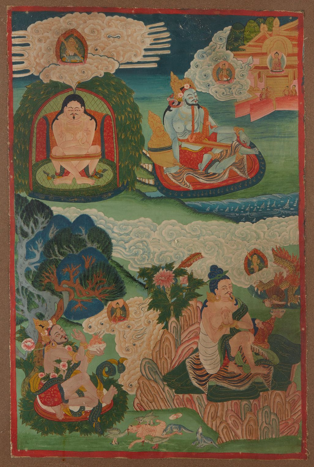 NEPAL 
唐卡。画布上的淡彩画。四个苦行者坐在云间（折）。拉贾斯坦邦，Gutjarat？



19世纪。



有框。



尺寸：56厘米 x 36厘米