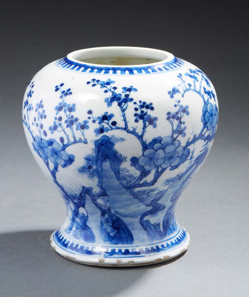 CHINE Porcelain baluster vase decorated in blue underglaze with flowering prunus&hellip;