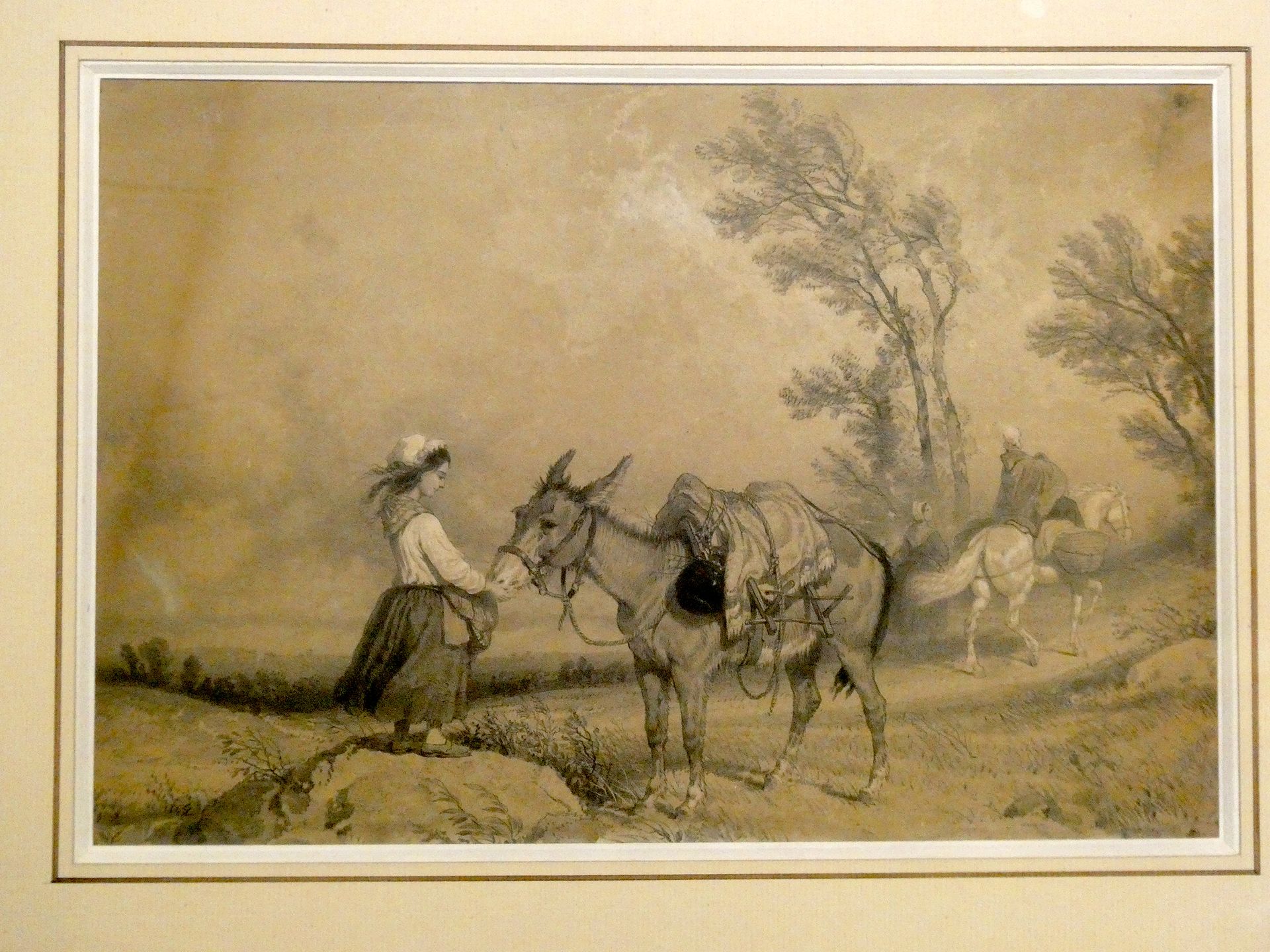 Null 维新派

农妇和她的驴子

铅笔和白色高光。右下角有FEROGIO的签名。

尺寸：21 x 32厘米(目测)

左下角有洞，上半部有撕裂。