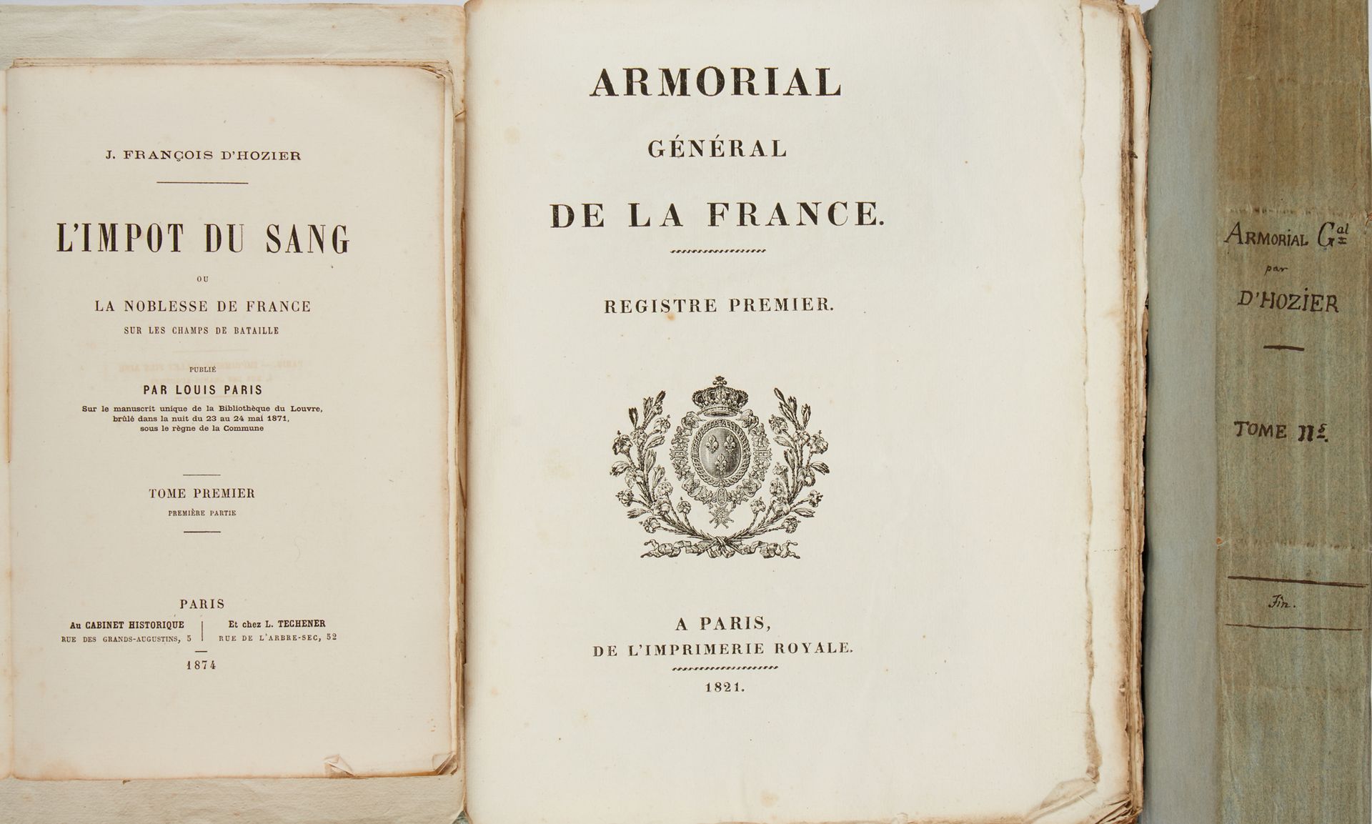 D'HOZIER, Jean François. 法国总图章》。第一次登记。第2次登记。巴黎，皇家出版社，1823年，2卷，4开本。平装书，蓝色封面。
文中有两&hellip;