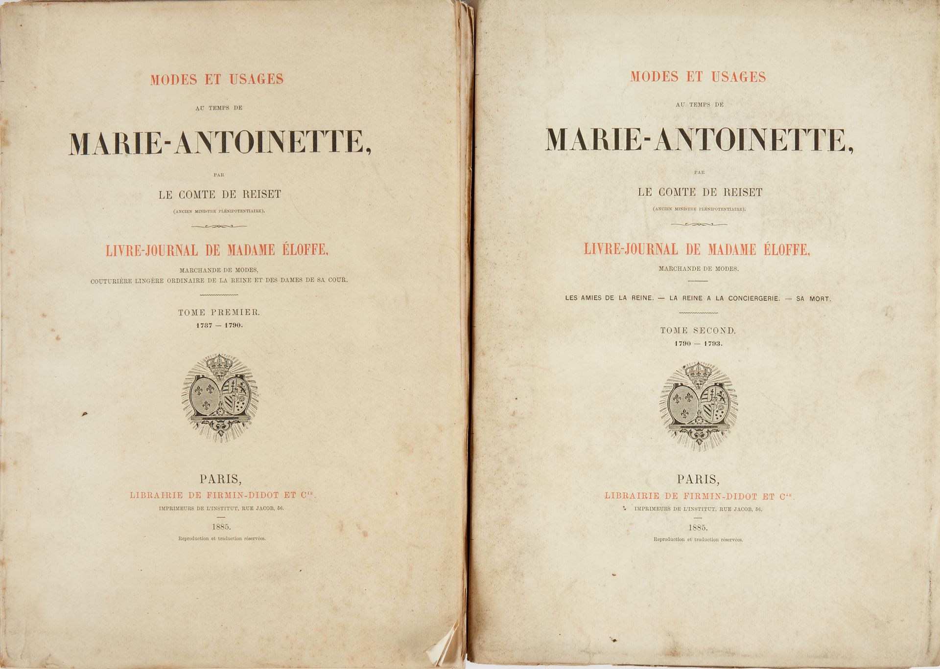 REISET, Comte de. 玛丽-安托瓦内特时期的方式和使用方法。巴黎，Librairie Firmin-Didot, 1885.平装书。
许多文外彩图&hellip;