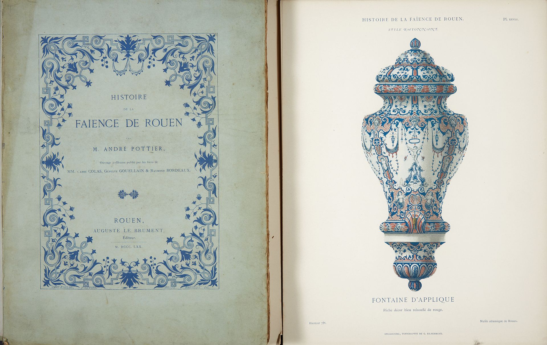 POTTIER André. 鲁昂辉石的历史。鲁昂，Auguste Le Brument，1870年。2卷4开本。1卷文本和1卷版画，装在出版商的文件夹里。

&hellip;