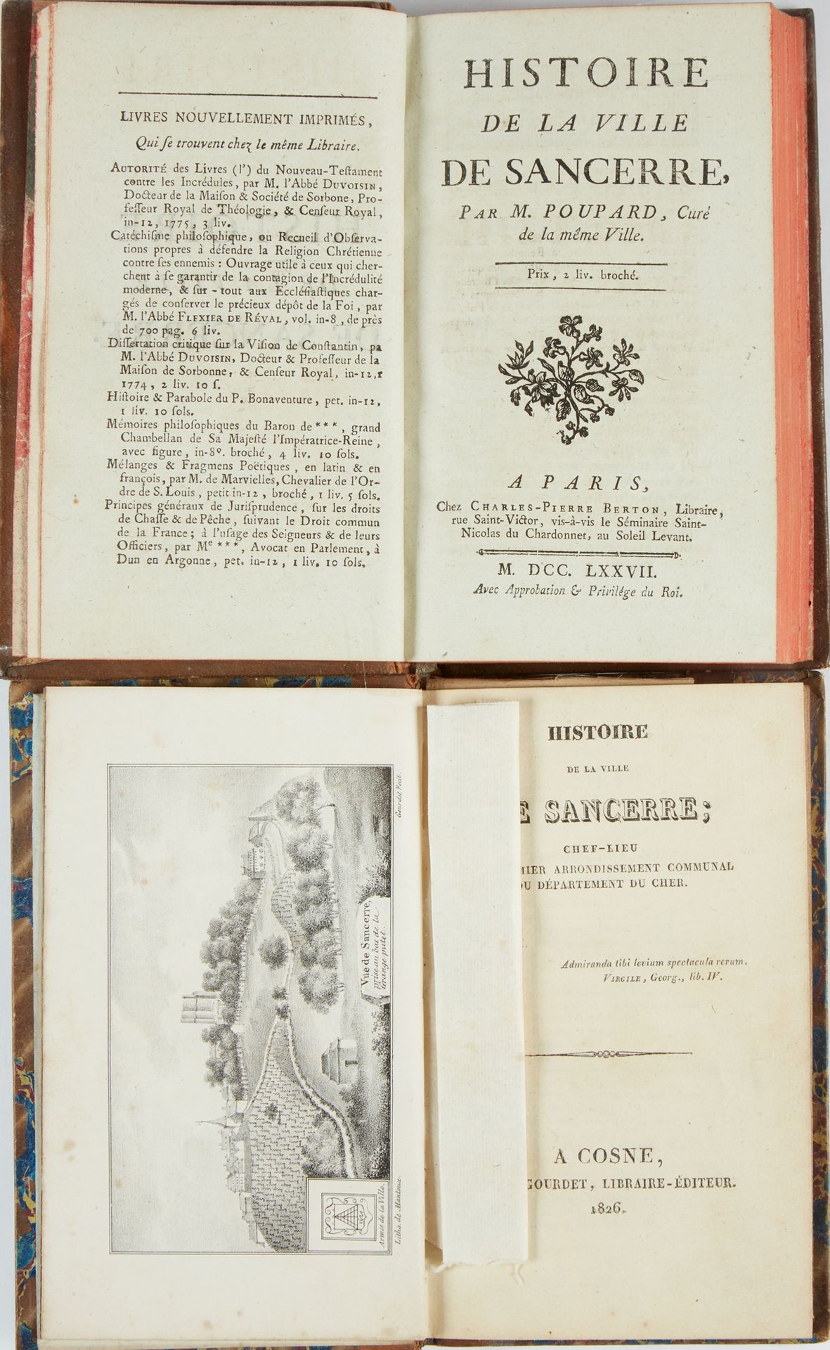 POUPARD, M. 桑塞尔市的历史。巴黎，查尔斯-皮埃尔-贝尔东，1777年。1卷，12开本。全程当代basane，书脊有棱纹和装饰，红色摩洛哥标题页。
 &hellip;