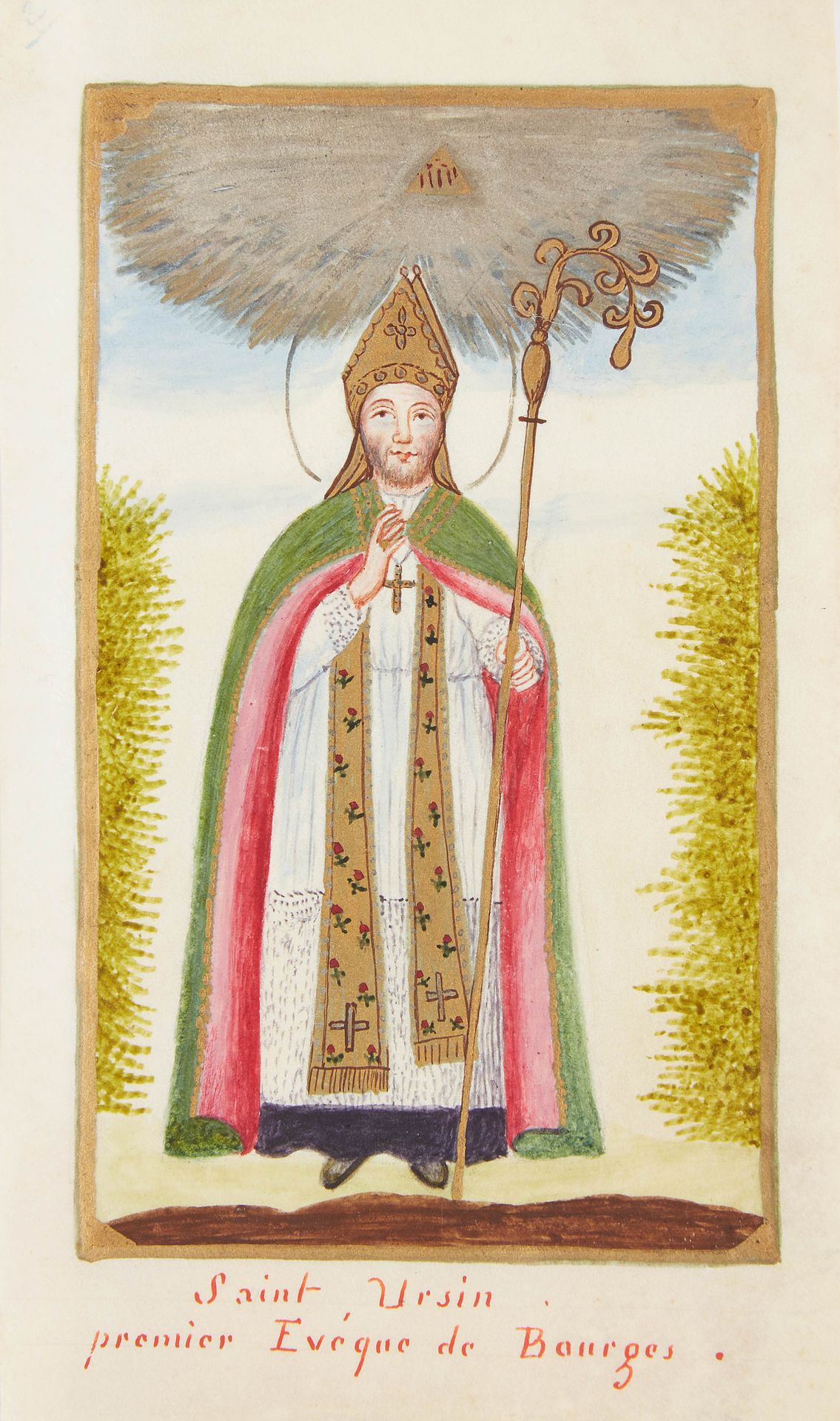 Null 
18世纪的羊皮纸水粉画，表现 "圣-乌尔辛，布尔日的第一任主教"。约15×10厘米。
照片底部有手写的提法。