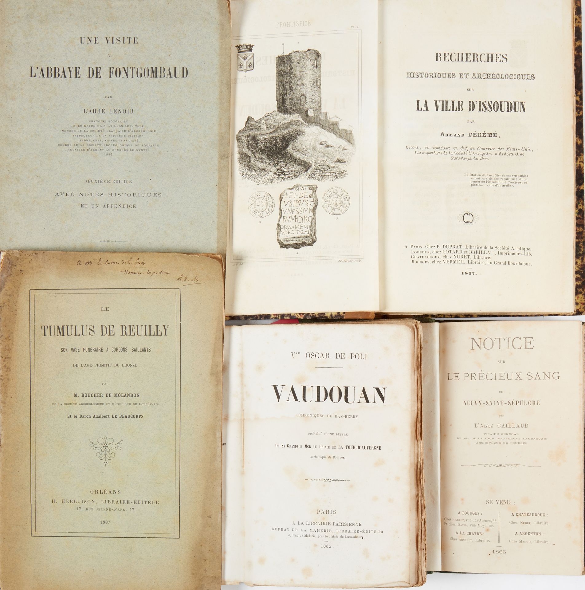 Null 一套5册：
- PÉRÉMÉ, Armand.关于伊苏敦市的历史和考古研究。巴黎，Chez Duprat，1847年。1卷8开本。棕褐色的半成品，书脊&hellip;