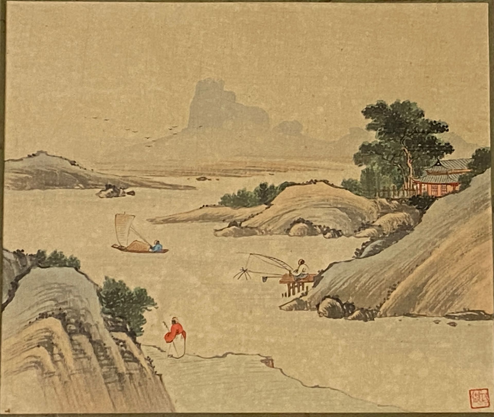Null 中国


湖泊景观


丝绸上的绘画。


右下方盖有印章。


尺寸：28 x 33 cm