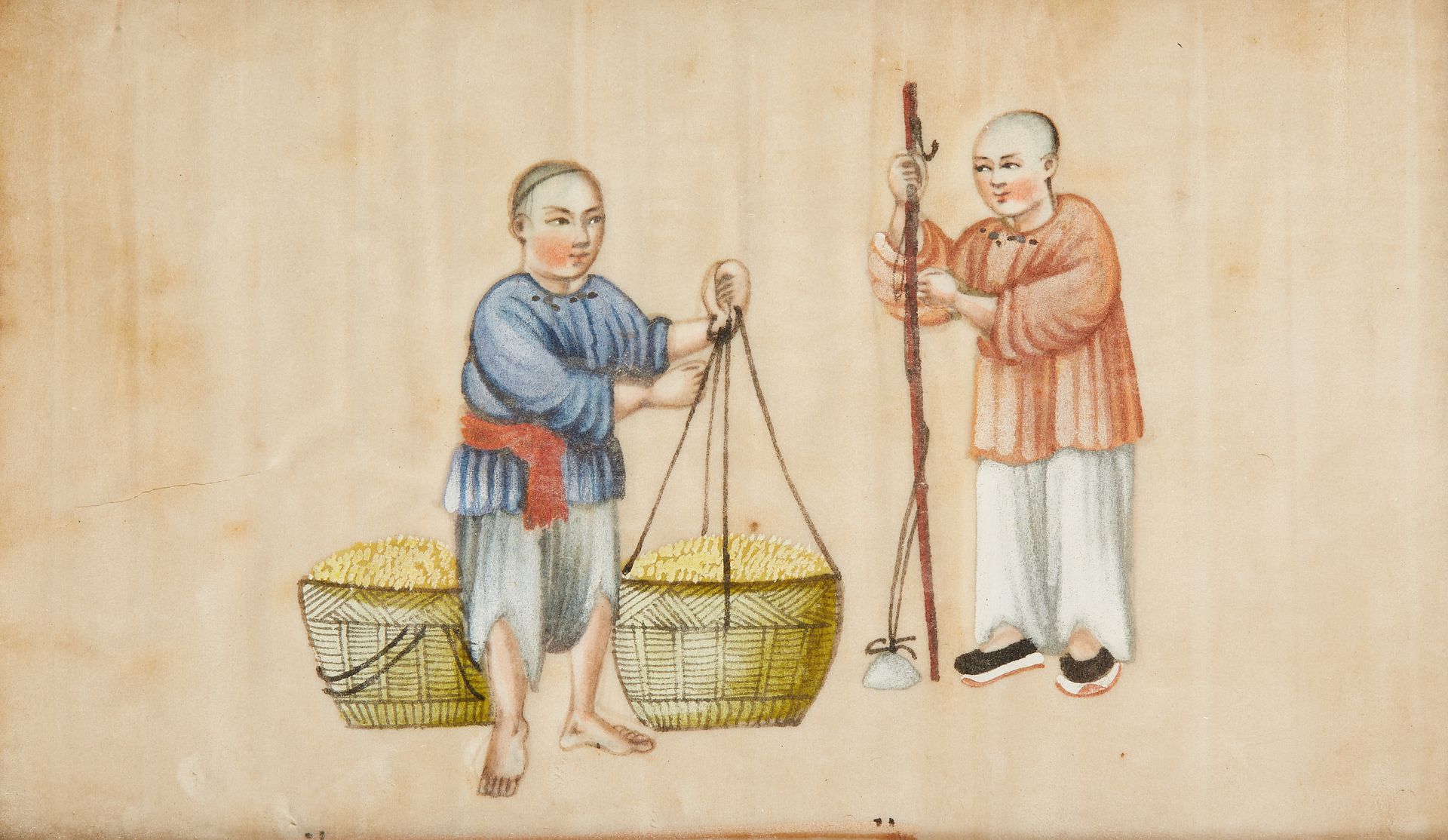 Null 中国，广东 - 约1900年


水粉画在宣纸上，卖水果的人和他们的轿子。(潮湿的痕迹) Dim. 10,5 x 17,5 cm. 框架在玻璃下