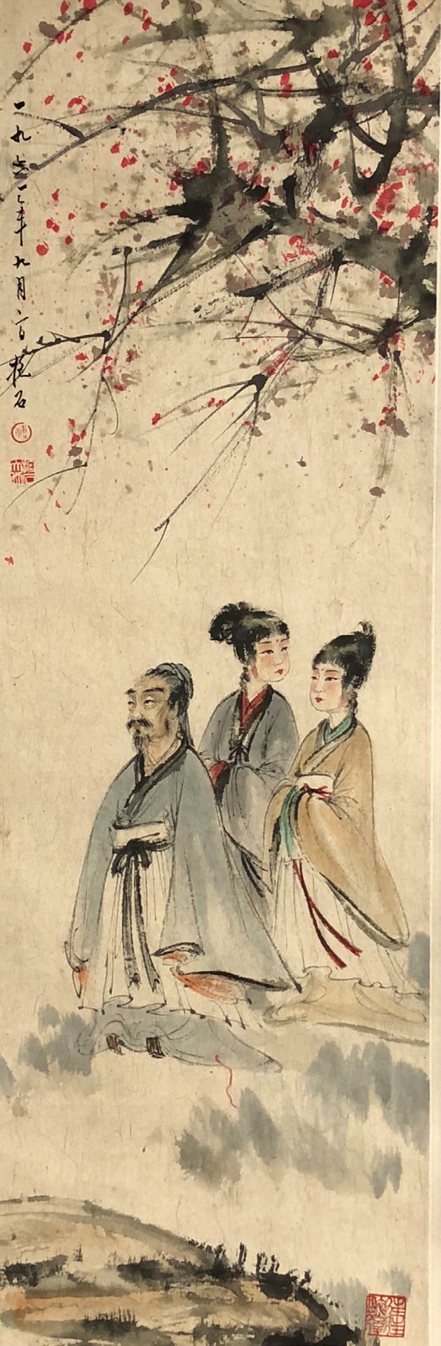 CHINE Painting on a roll in ink and colours representing three characters