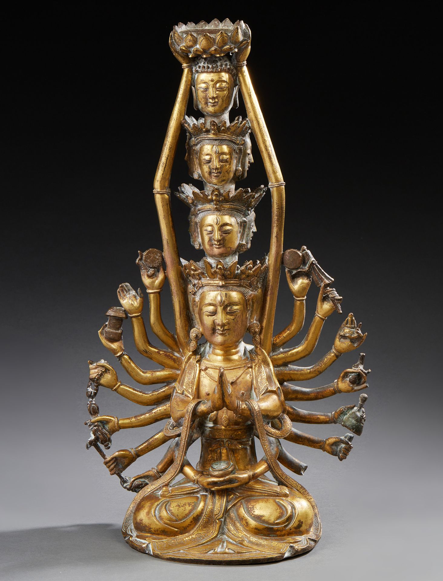 ART SINO-TIBETAIN Rare chased and gilded bronze figurine representing the three-&hellip;