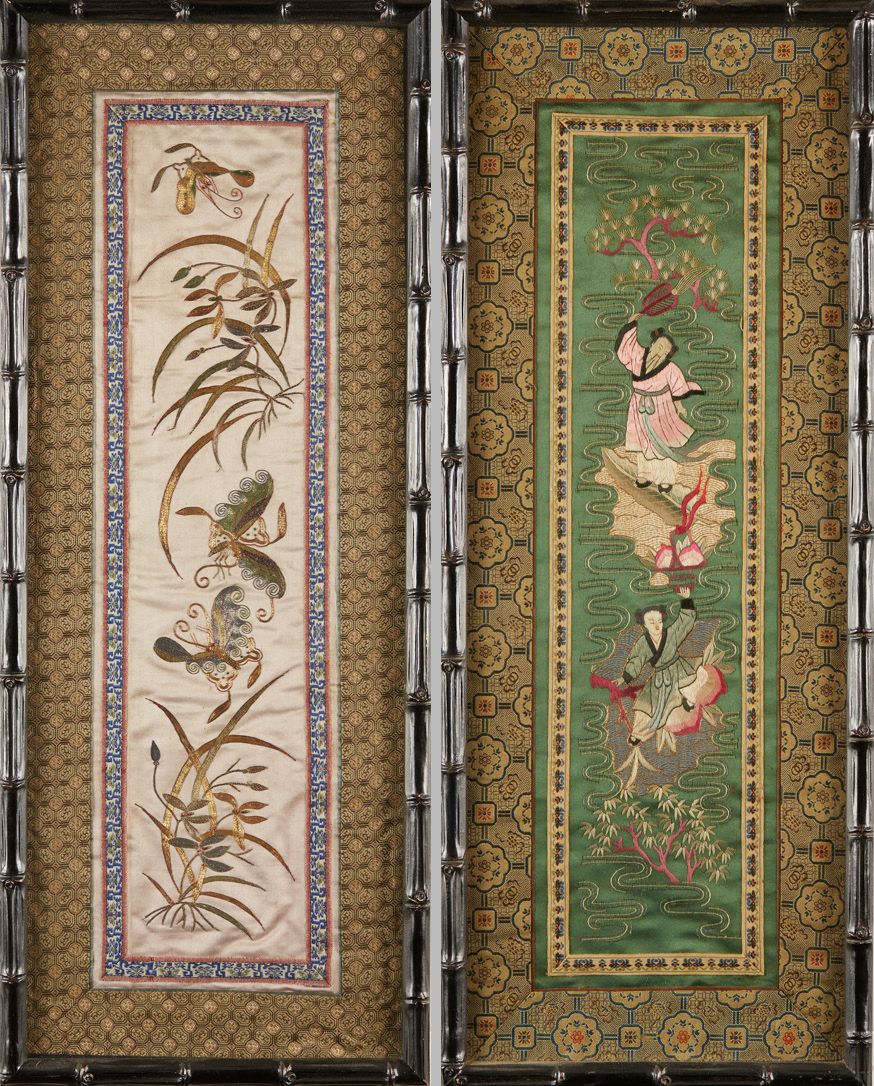 CHINE 两幅丝质刺绣，其中一幅代表人物，另一幅代表蝴蝶
1900年左右
Dim. 52 x 14 cm