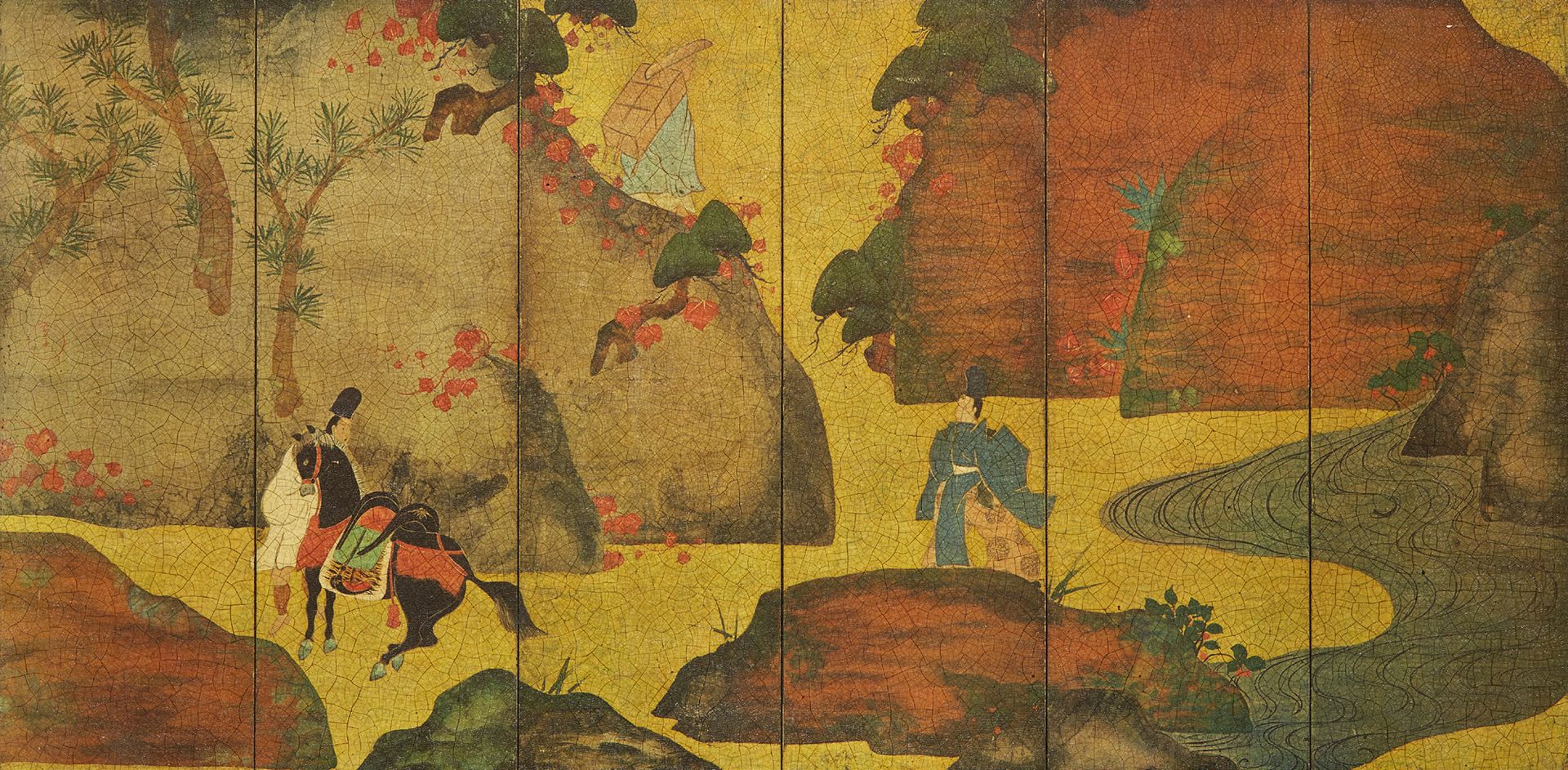 JAPON Panel decorativo a modo de biombo que muestra dos figuras en un paisaje.
P&hellip;
