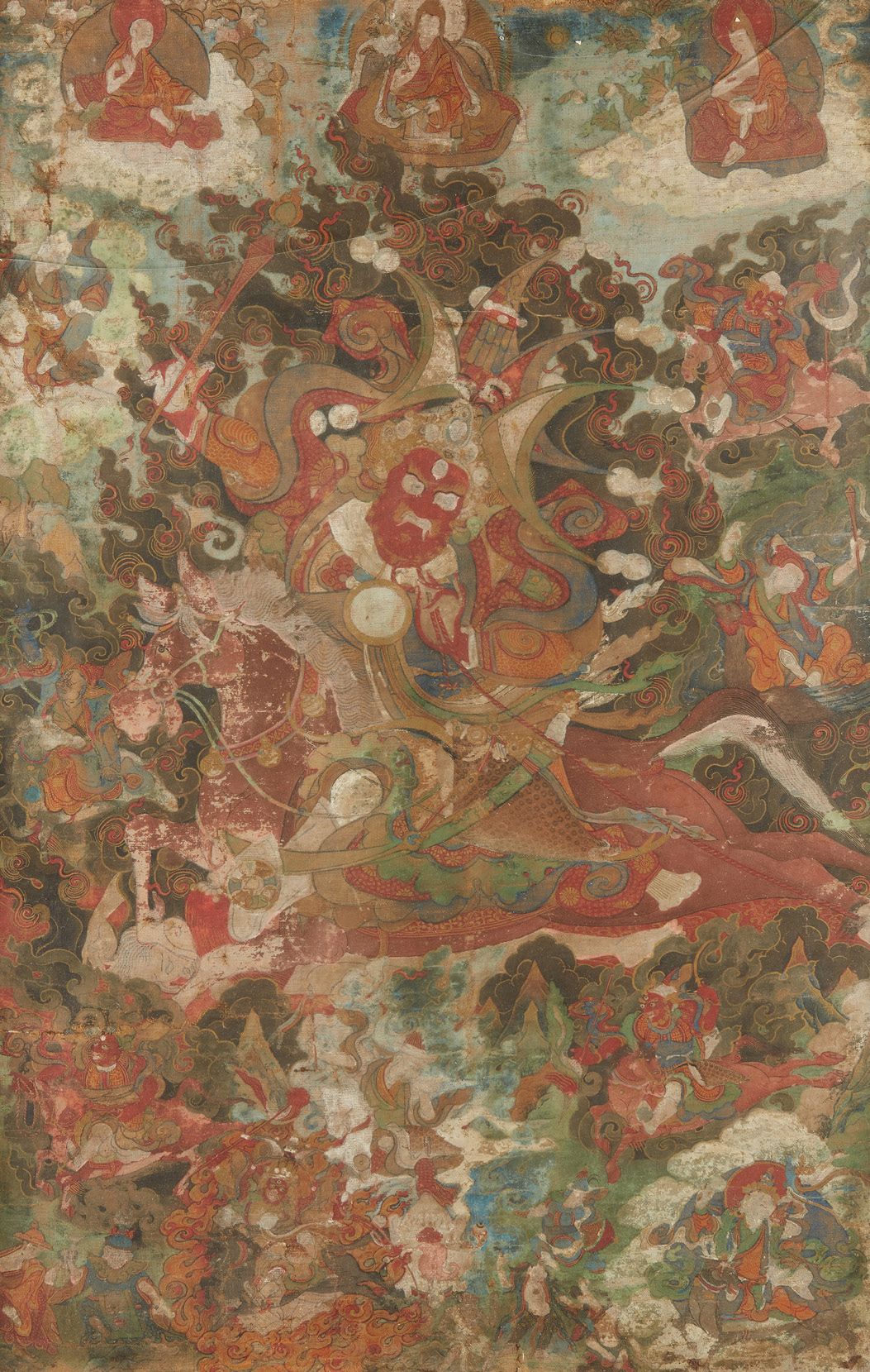 ART SINO-TIBETAIN OU NEPAL 织物上的绘画，多色处理，表现佛教万神殿的一个神在他的坐骑上，周围有其他的神，天空中有三个喇嘛
18 - 1&hellip;
