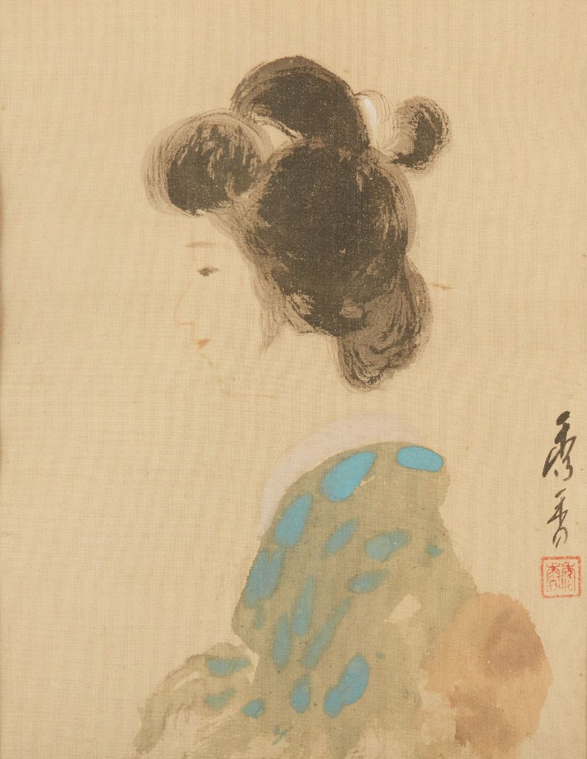 JAPON 布面绘画
有签名和印章的女性肖像。
尺寸：24.5 x 19 cm