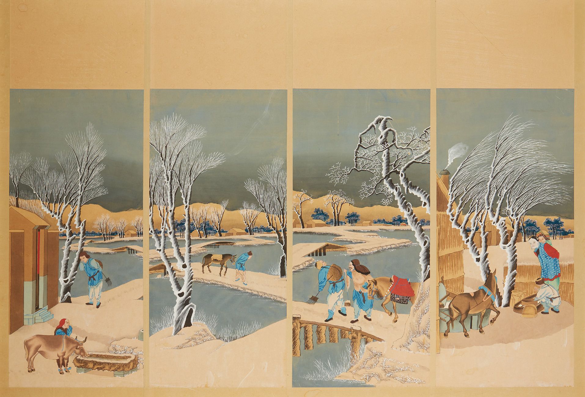 JAPON 水粉画中的四联画，描绘了冬季的过桥情况。粘在面板上
20世纪
尺寸：99 x 29厘米