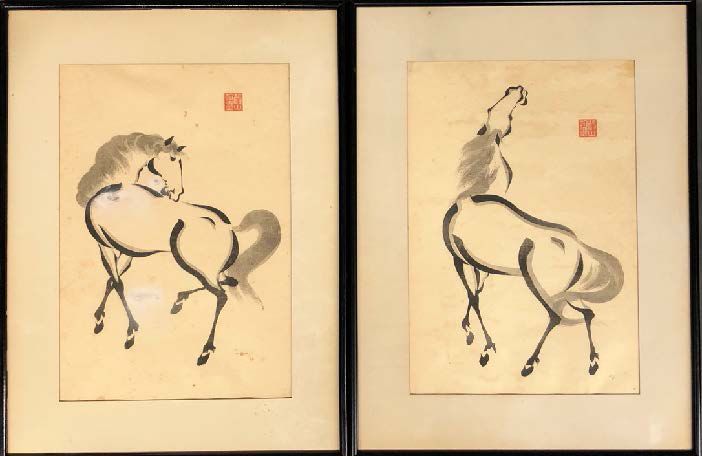 CHINE Two black ink drawings of a horse with stamp on Chinese paper in a black f&hellip;