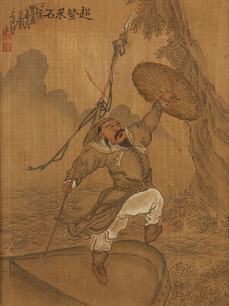 CHINE Tre dipinti su seta raffiguranti studiosi, due dei quali sono in una barca&hellip;