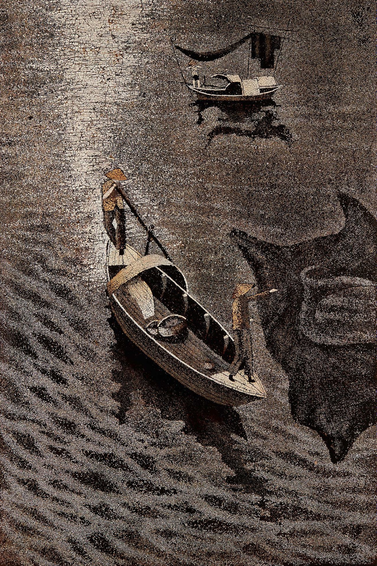VIETNAM 长方形漆板，镶嵌蛋壳，表现河上的两艘渔船
约1930 - 1940
Dim. 60 x 40 cm