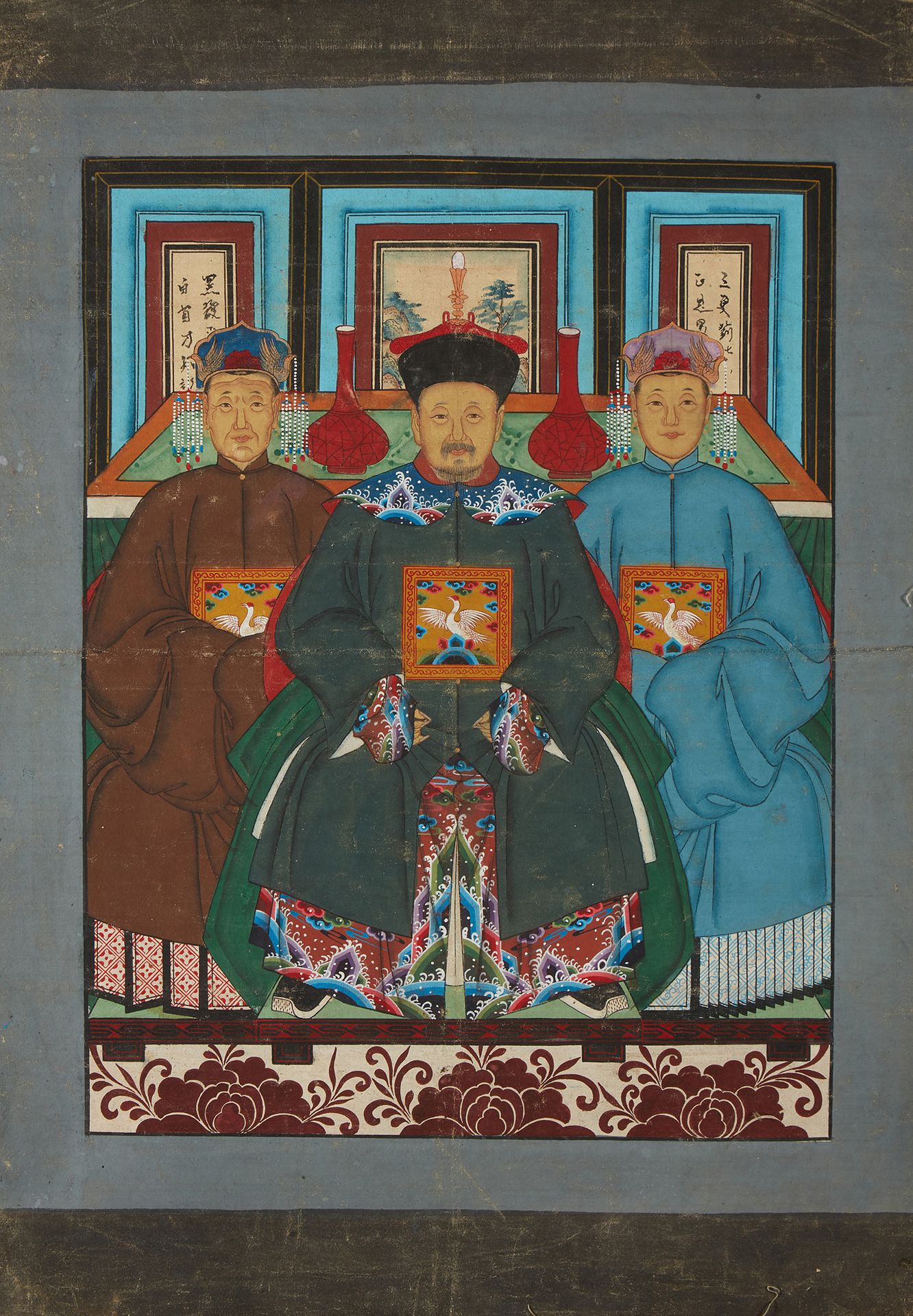CHINE Portrait de trois dignitaires.
Peinture sur tissu.
Dim.: 80 x 67cm