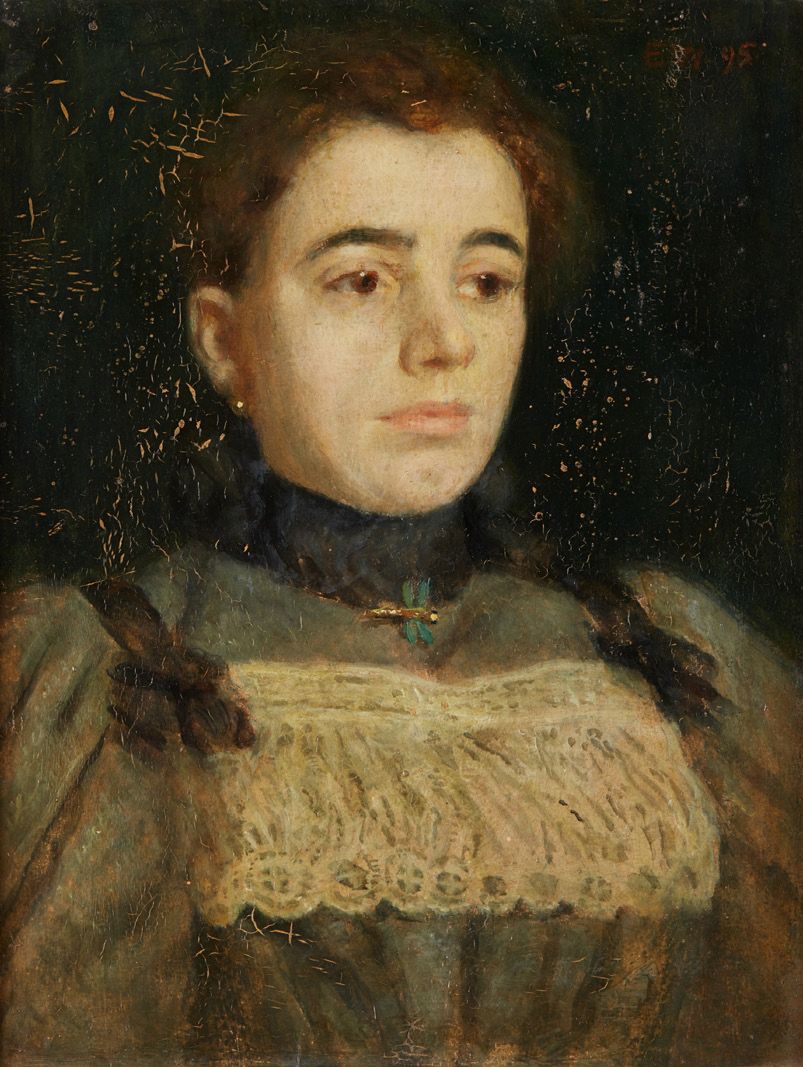 Ecole SUISSE vers 1900 Portrait of a young woman with braids
Oil on cardboard 33&hellip;