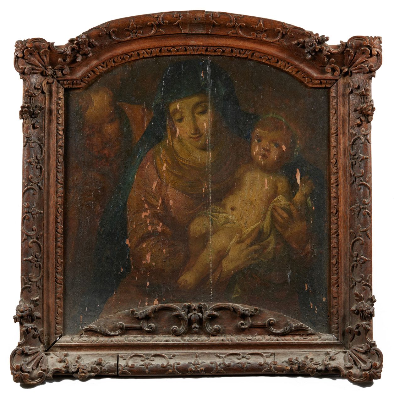 École Française du XIXe siècle 圣母与儿童。
面板上的油彩（事故和缺失部分）
在一个18世纪雕刻精美的橡木框架中。
70 x 65&hellip;