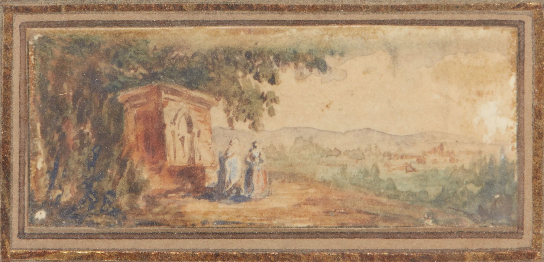 École Française du XIXe siècle 喷泉边的两个年轻女人
水彩画 2.3 x 5.5 cm