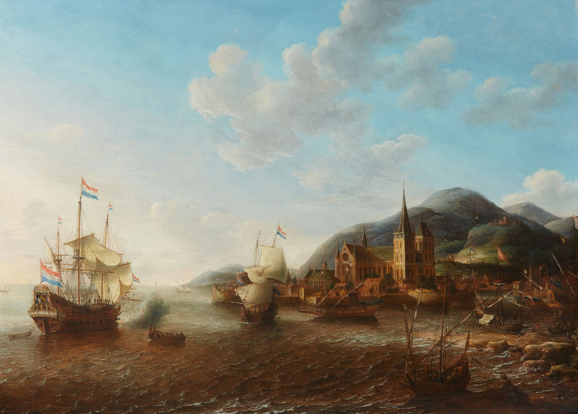 JAN ABRAHAMSZ BEERSTRATEN (AMSTERDAM 1622 - 1666) Barcos holandeses cerca de una&hellip;