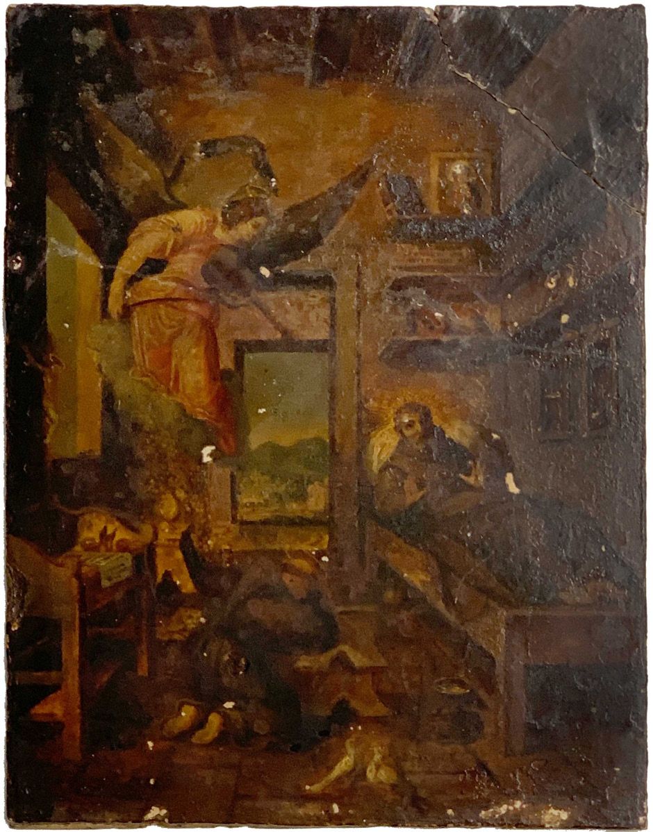 Ecole italienne du XVIIe siècle 圣方济各在被羞辱后得到天使的安慰
石板 37.5 x 30 cm
(事故和缺失部分)