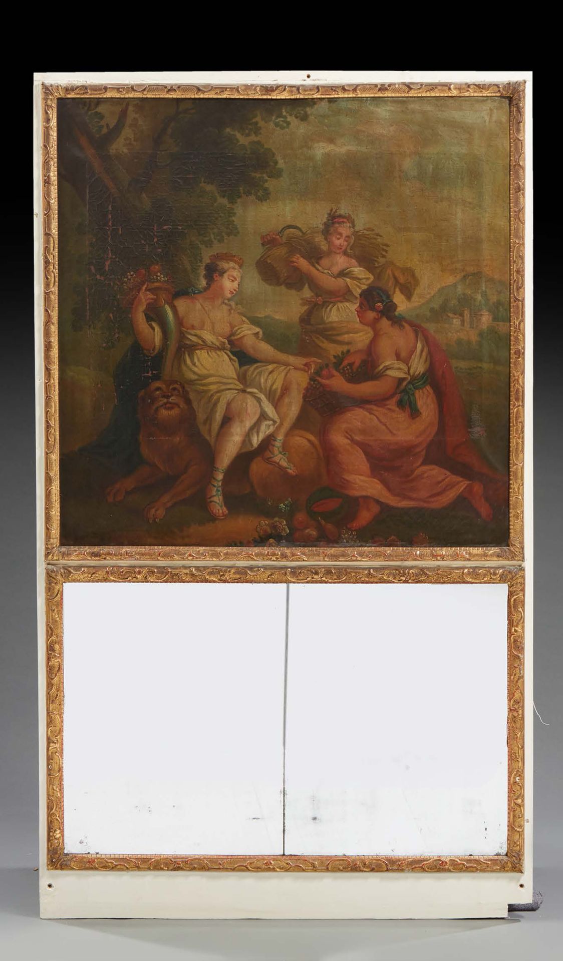 Null 雕刻，涂漆或镀金的木制TRUMEAU；上部展示了一个带有丰饶寓意的玻璃油彩（改编）；在底部有两面 "Bérain "棒下的镜子。
18世纪（缝隙和修复&hellip;