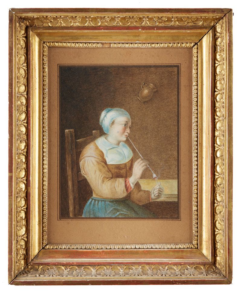 École HOLLANDAISE du XIXe siècle Woman smoking
Man drinking
Pair of drawings, wa&hellip;
